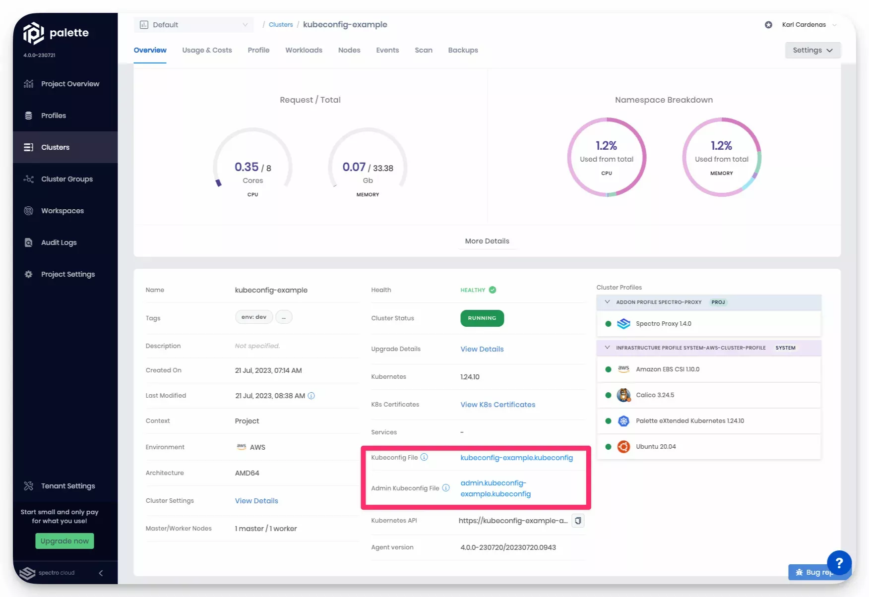 The cluster details page with the two kubeconfig files elements highlighted