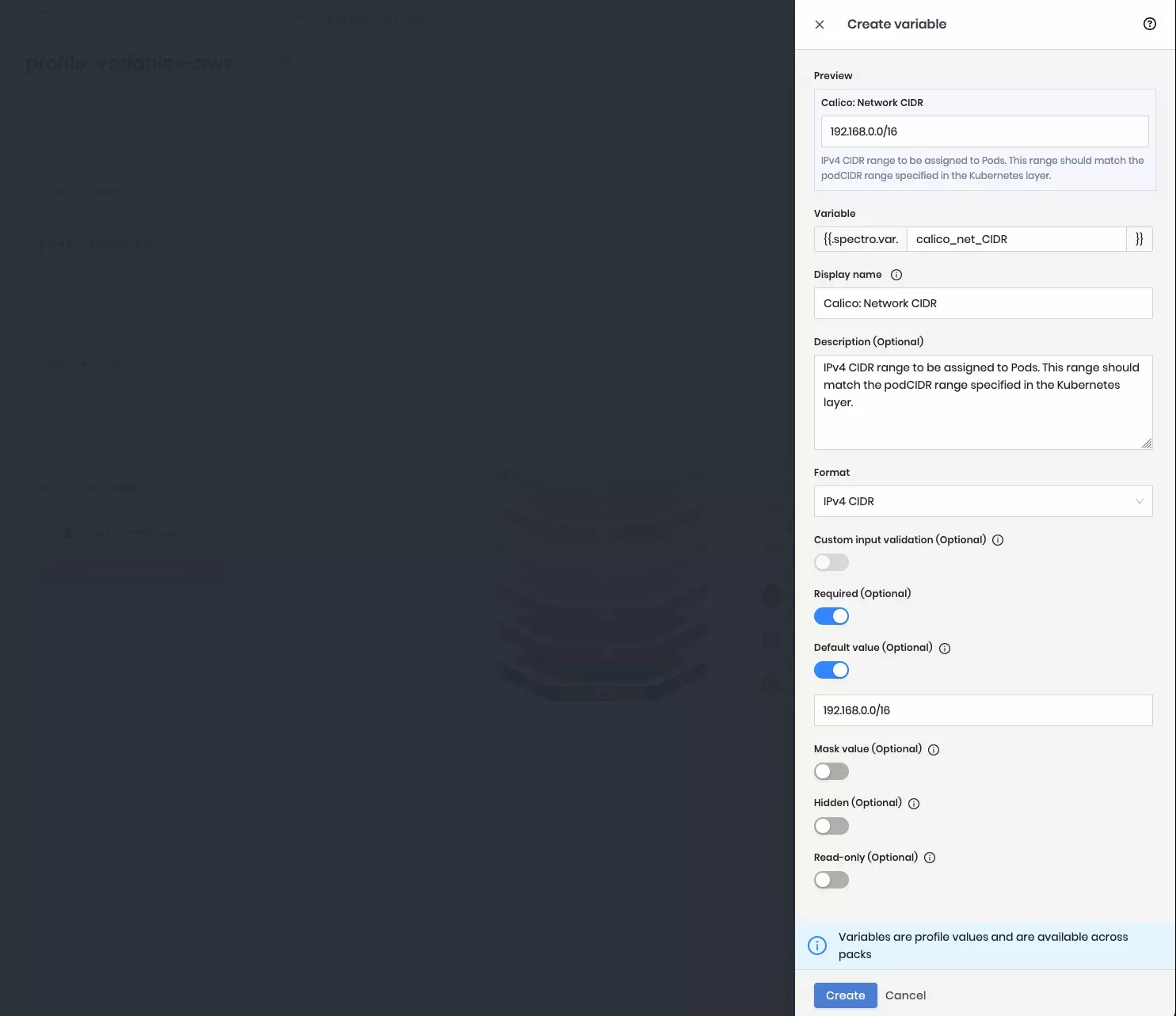 Palette YAML editor with the added profile variables.