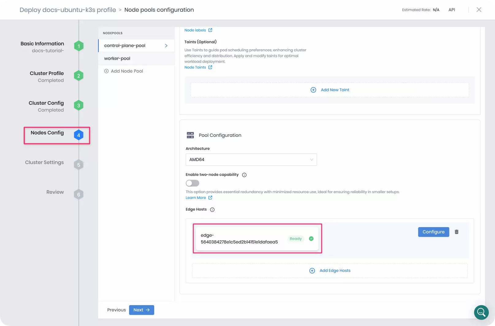Screenshot of an Edge host added to the control plane pool.
